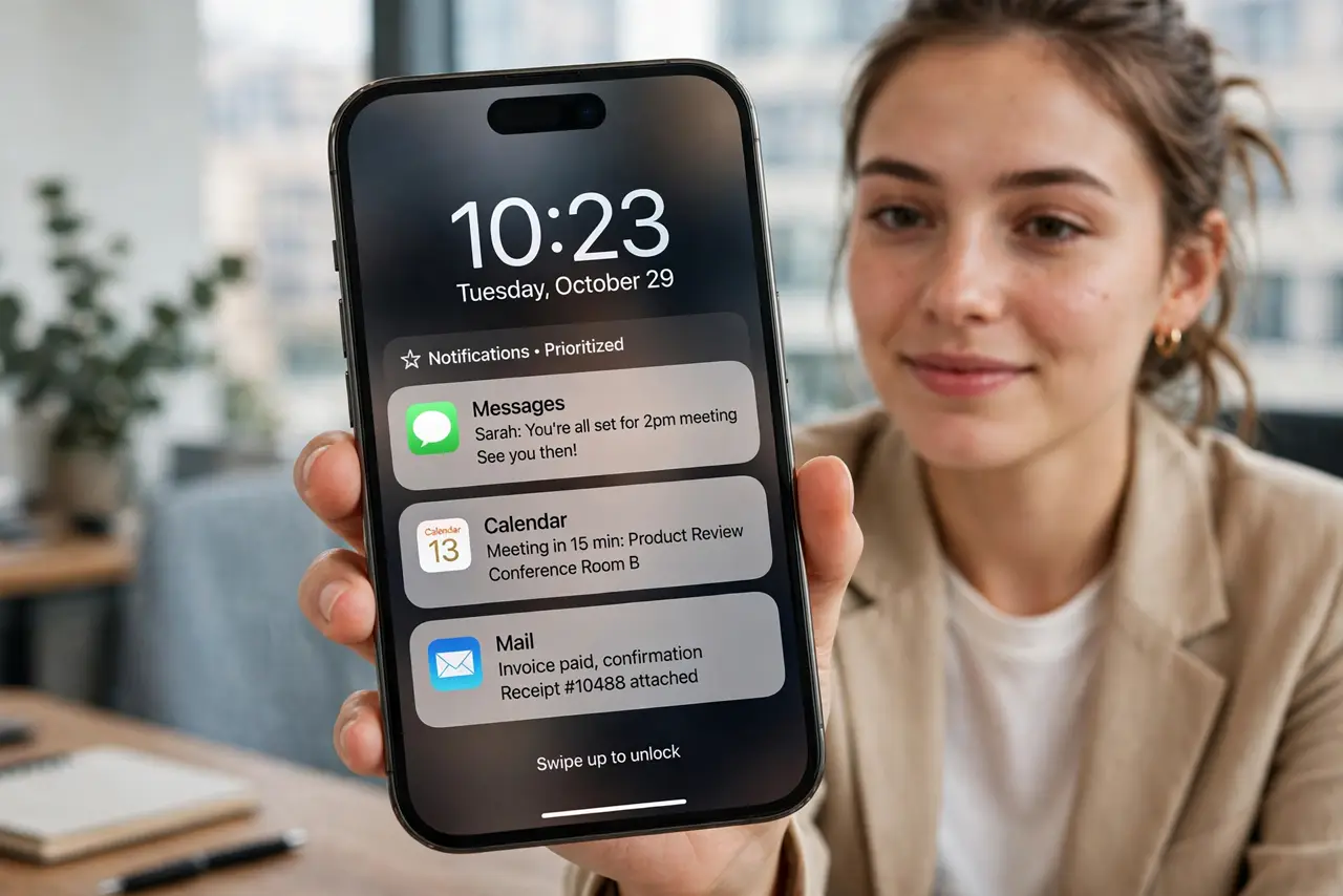 a person holding a real iPhone showing a lock screen with prioritized notifications and legible summarized alerts at top, the person's face relieved, office.
