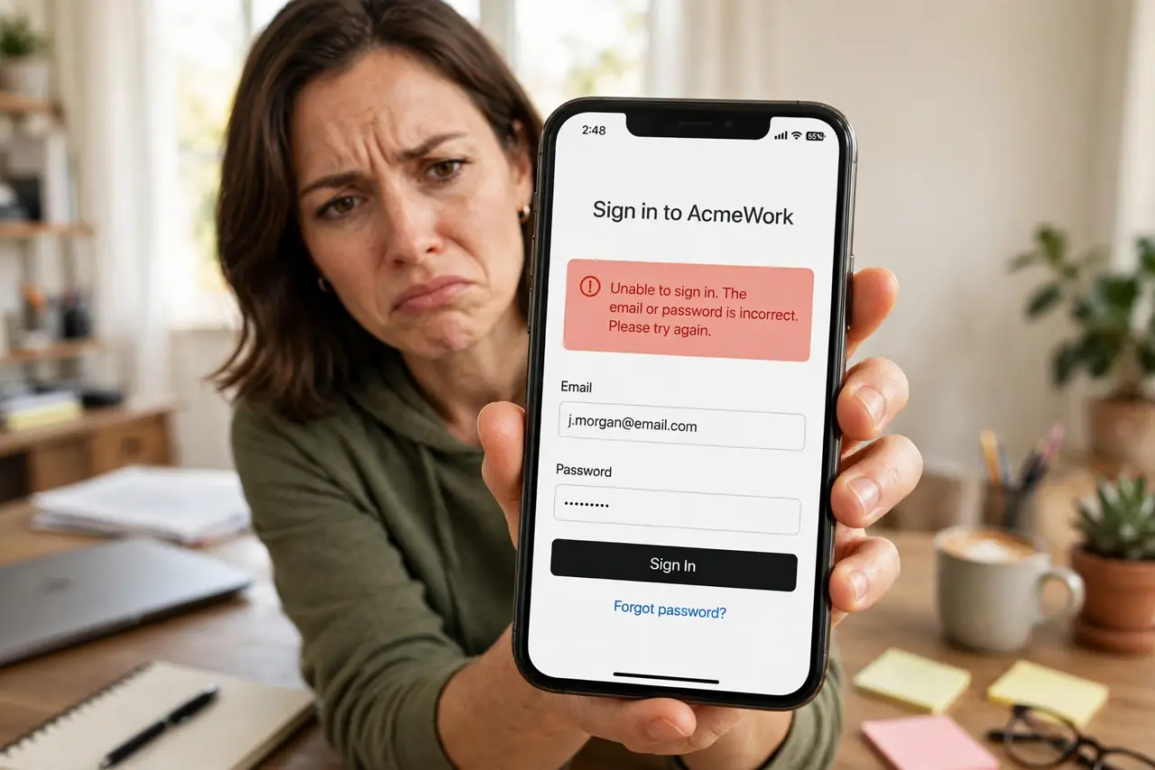 Private Relay Breaks a Site Login — a frustrated adult holding a real iPhone showing a website login page with an error message in fully legible t