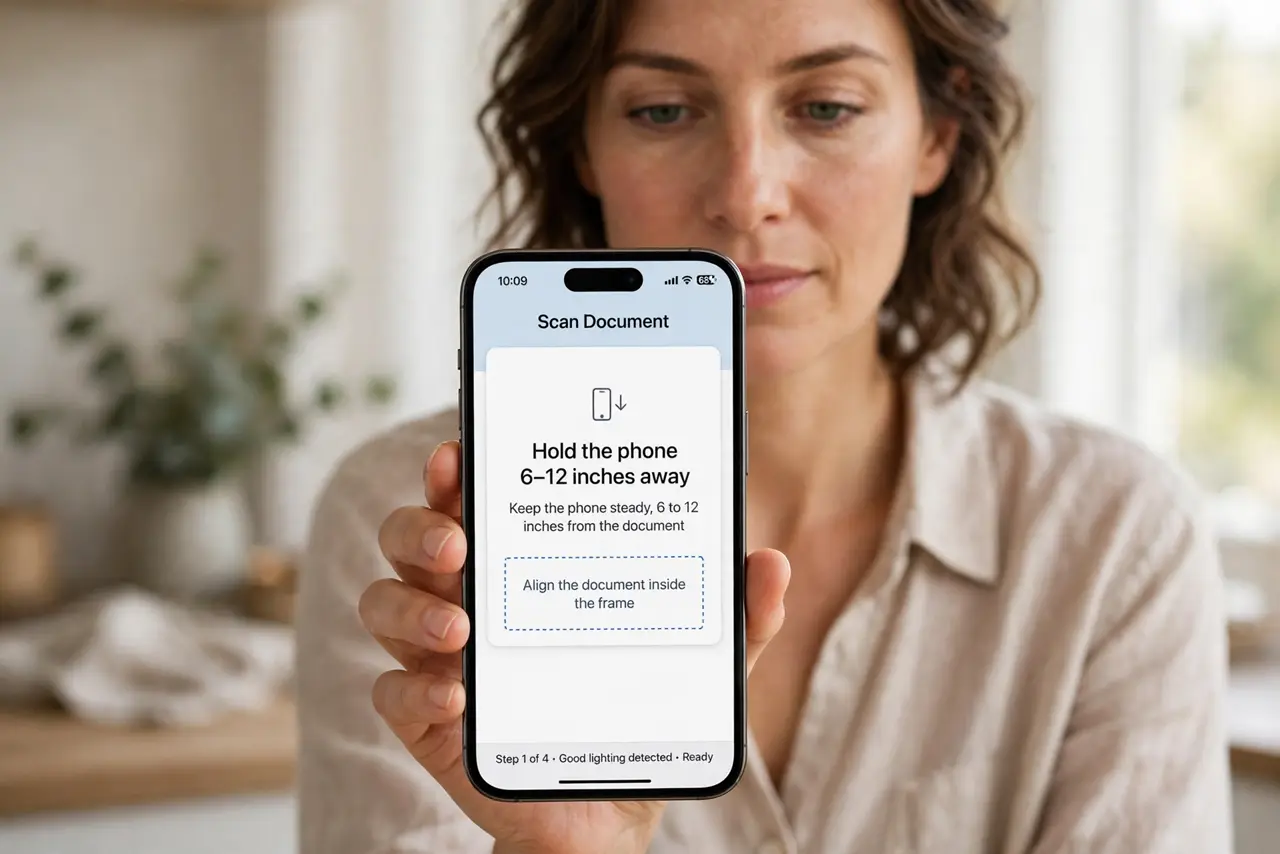 Person performing step 1: Hold the phone 6 to 12 inches away. Hold the iPhone about 6 to 12 inches from the code, with the whole code in frame. Too close crops...