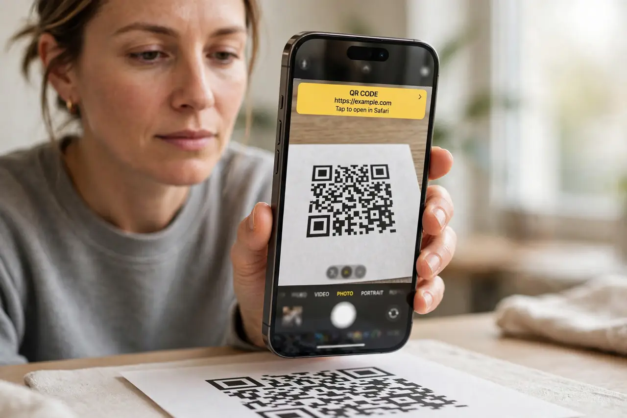 Photorealistic photo: A calm adult holding an iPhone toward a printed QR code, the real iPhone screen showing the Camera app with the QR code in frame and the notification banner legible.