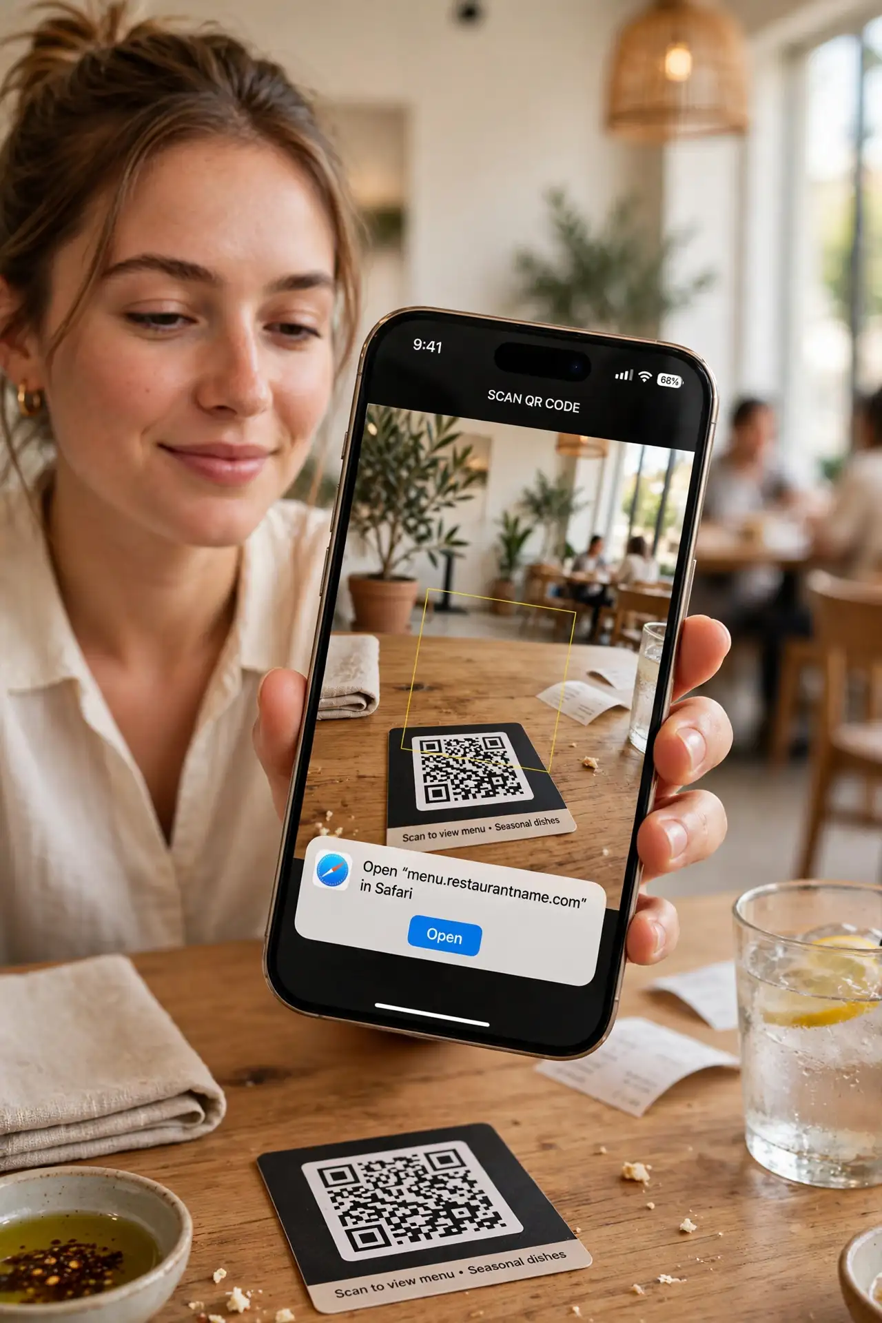 A person holding a real iPhone pointed at a real QR code on a restaurant table, the phone screen showing the camera view with the scan popup legible, the…