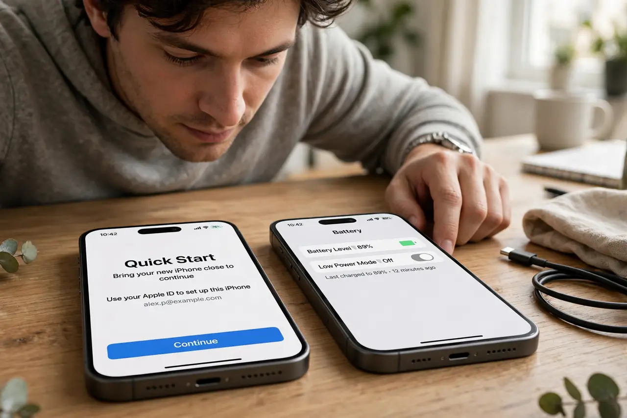 Photoreal photo of a person performing the first step: Prepare both phones. Update the old iPhone to the latest iOS, turn on Bluetooth and Wi-Fi, and charge both phones above 50% or plug them in. Quick Sta...