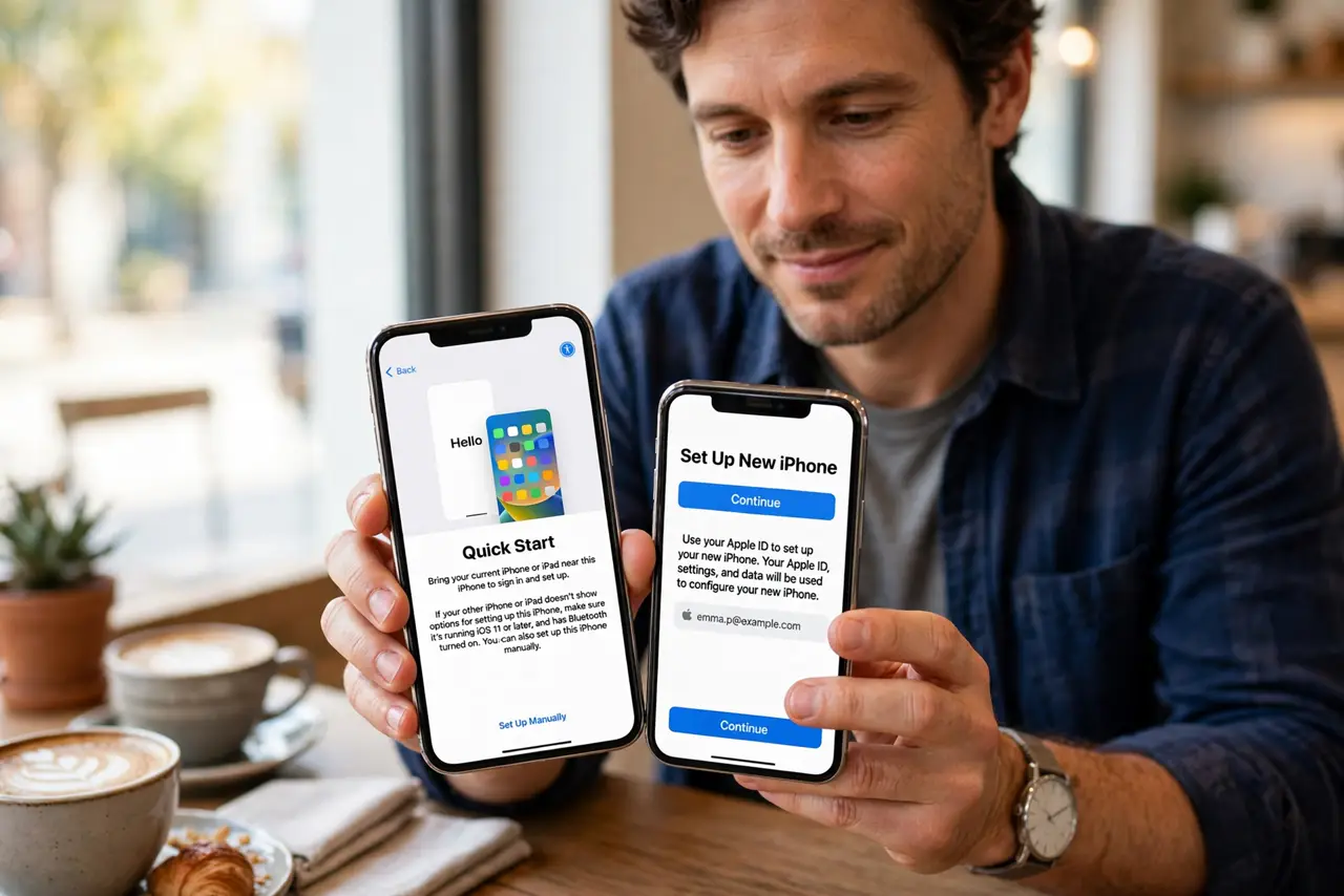 Photoreal photo: a calm person at a table holding two real iPhones close together, the new phone showing a legible Quick Start setup screen, the old phone beside it, the person's face satisfied. No black screen, no blank