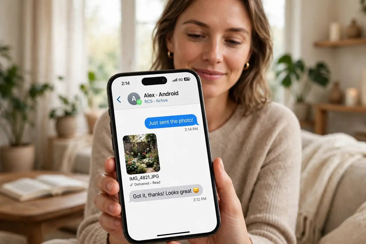 a person texting on a real iPhone with RCS active, a sharp photo sending to an Android contact with delivered and read indicators visible, the person's face ...