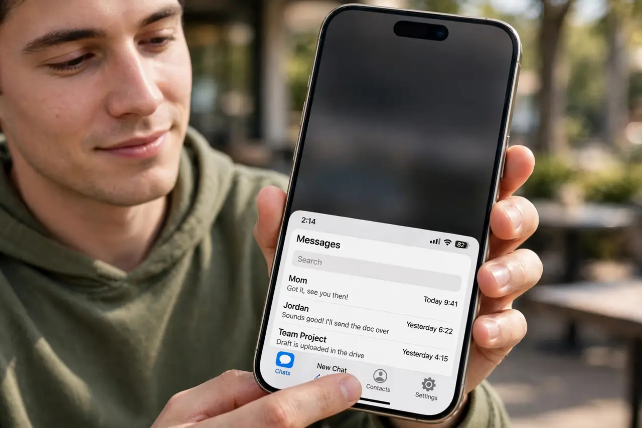 A person holding a large real iPhone in one hand with the thumb swiping down on the bottom edge, the screen shifted down showing the top controls within reach fully legible, the person's face relaxed.