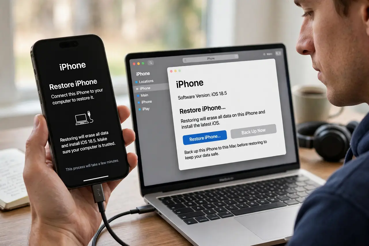 Photoreal photo of a person performing the first step: Connect to a computer first. Plug the iPhone into a Mac (Finder) or PC (Apple Devices app or iTunes) with a real data cable. The computer does the act...