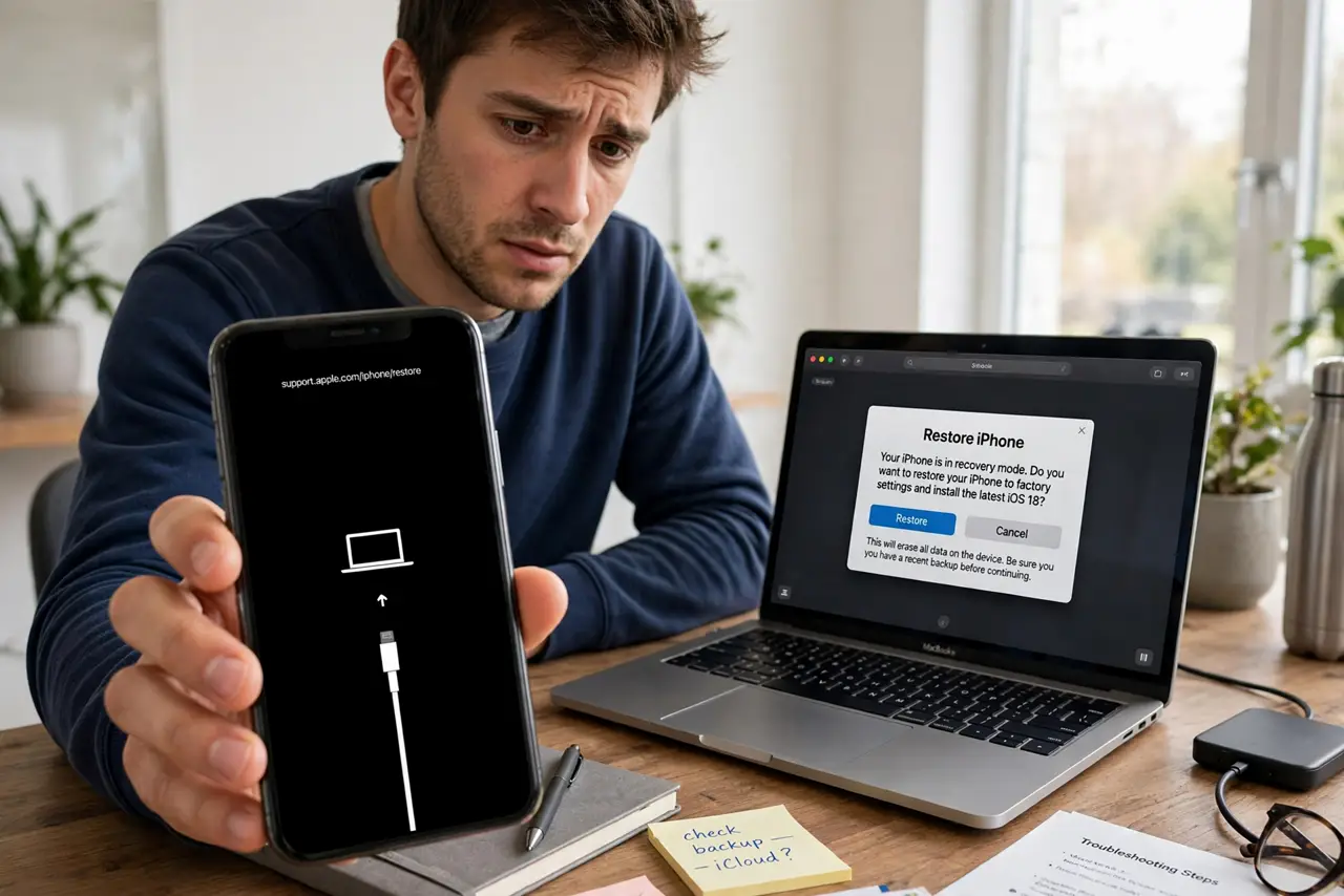 Photoreal photo: a worried person at a desk holding a real iPhone showing the legible recovery mode screen (cable pointing to a laptop icon), a real laptop with a restore prompt beside it, the person's face anxious but h