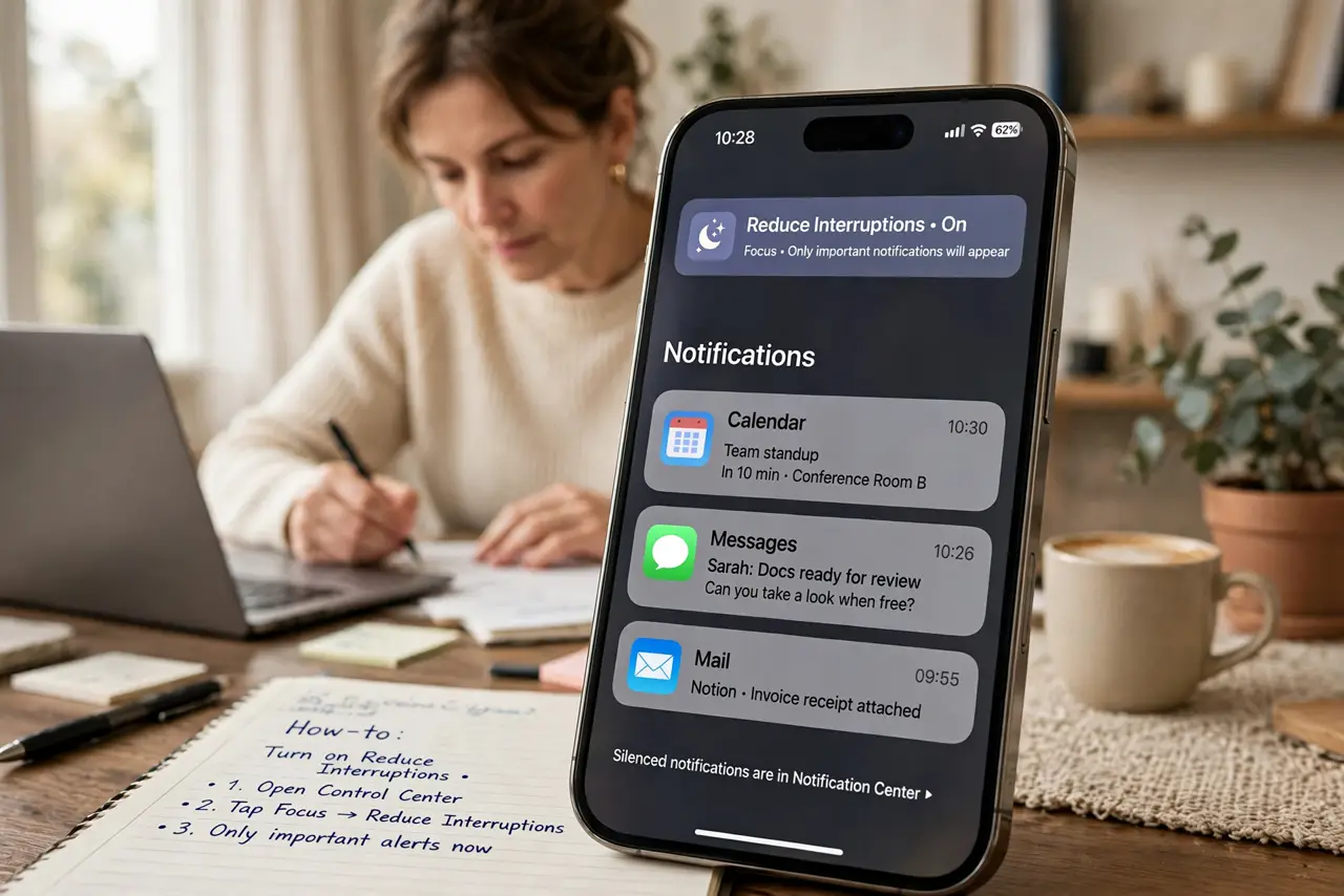 a person working at a desk with a real iPhone showing the Reduce Interruptions Focus active, only a few important notifications visible, the person's face ca...
