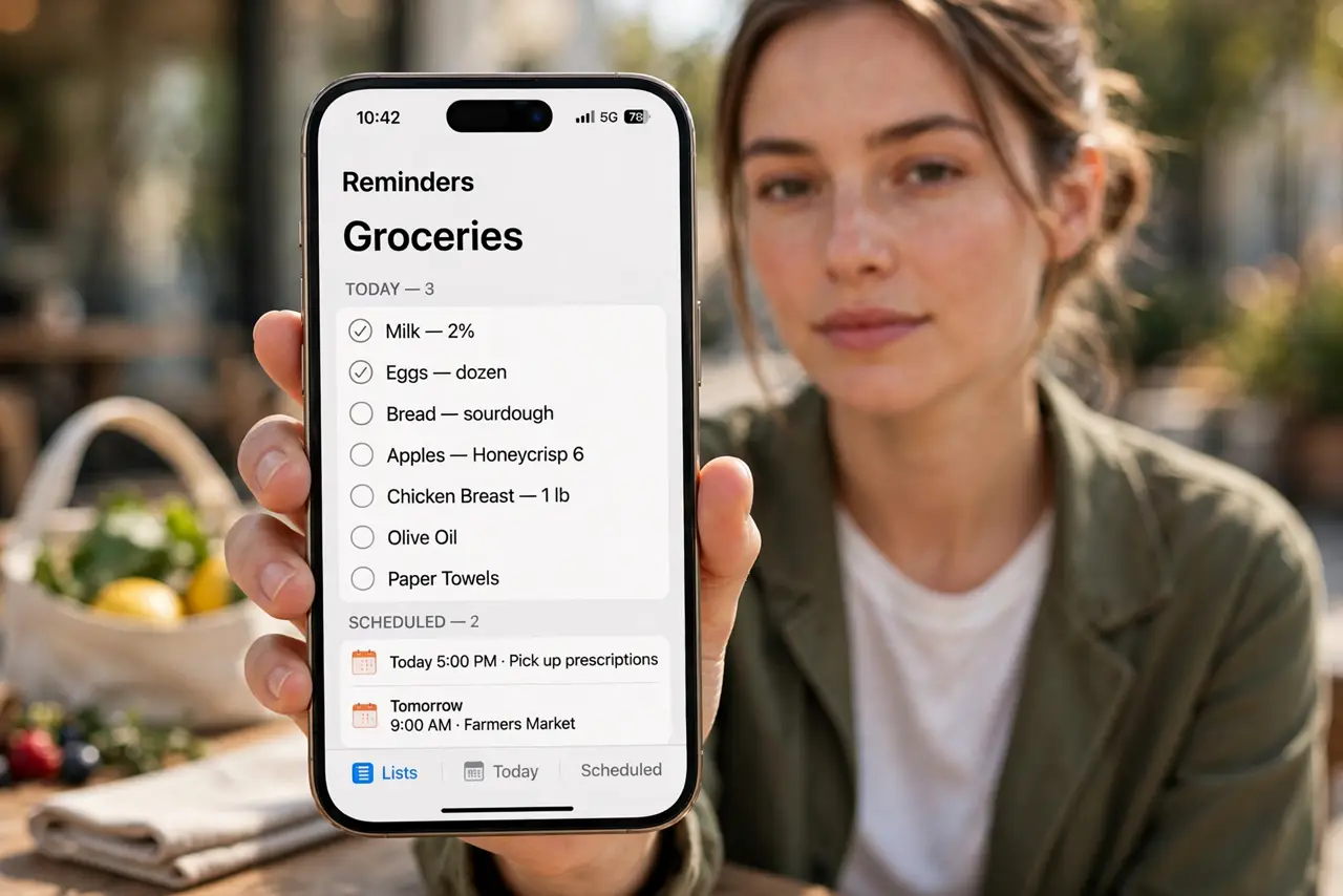 A person holding a real iPhone showing the Reminders app with a grocery list and scheduled items, all text legible on screen, the person's face organized and…