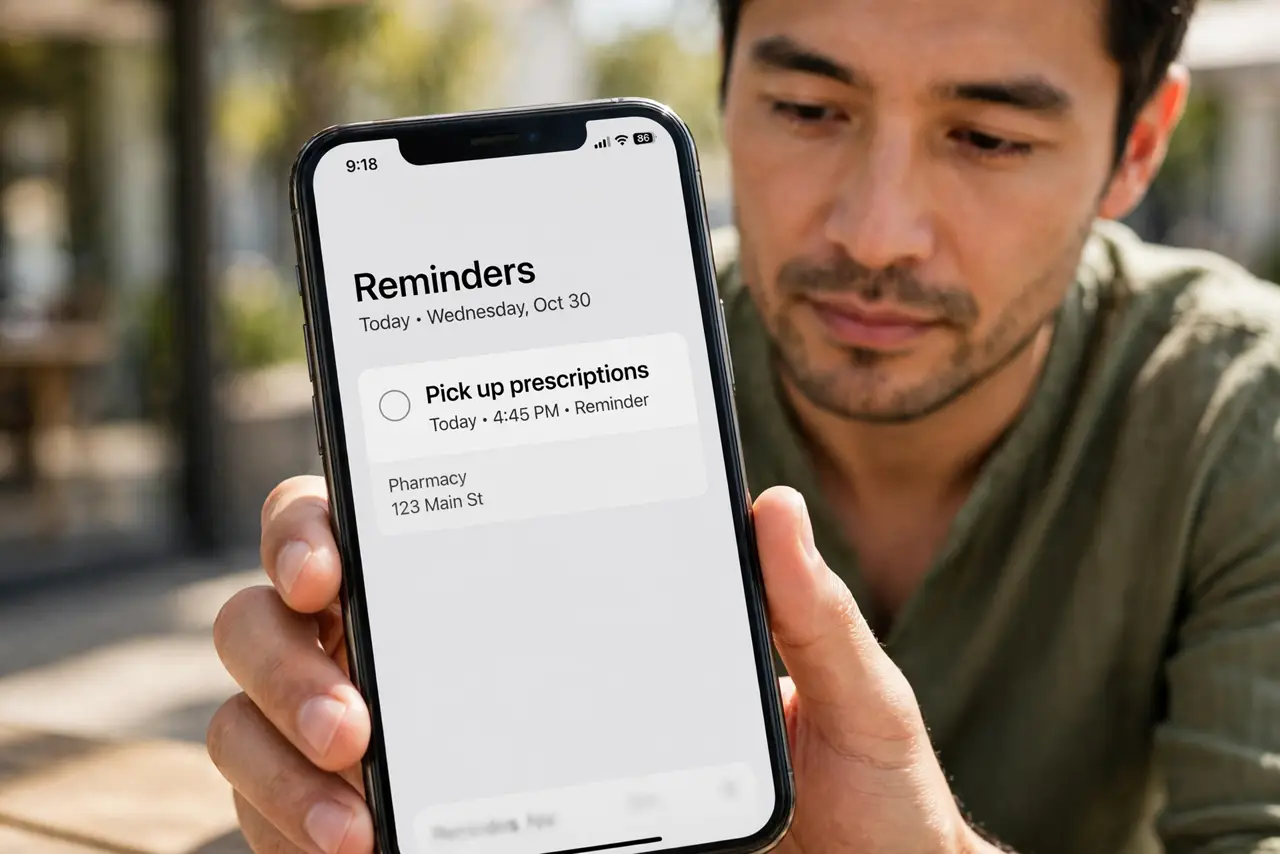 Person performing step 1: Open the reminder and check its time. Open Reminders, tap the reminder, and confirm the date and time are set and correct. A reminder...