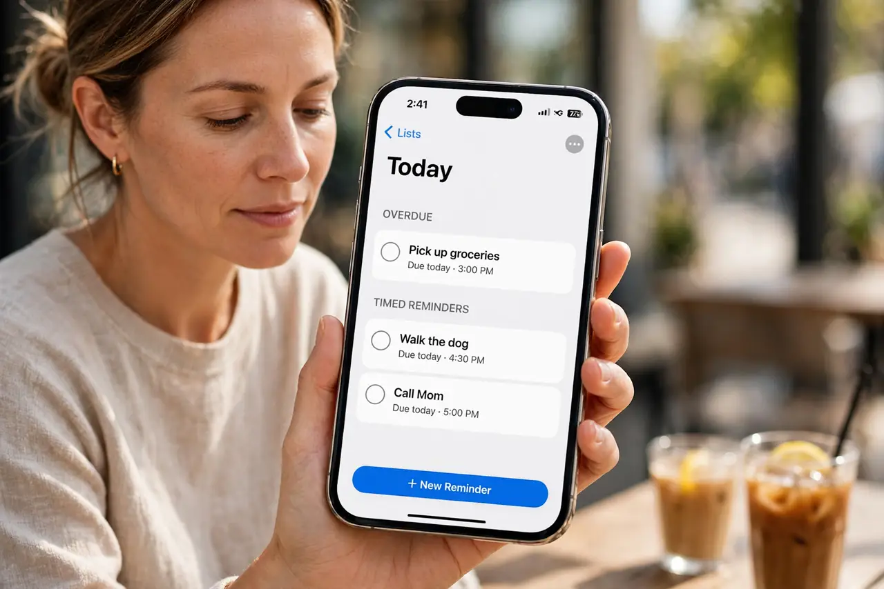 Photorealistic photo: A calm adult holding a real iPhone, the real Reminders app visible complete and legible with a reminder due, the person checking the phone calmly.