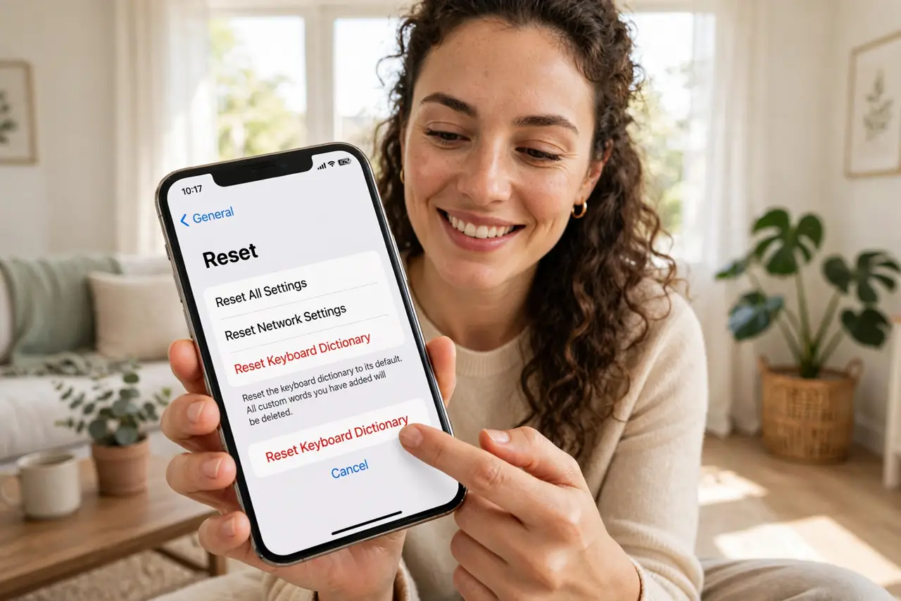 A person resetting keyboard settings on a real iPhone with the Reset Keyboard Dictionary option legible, the person's face relieved, bright living room.