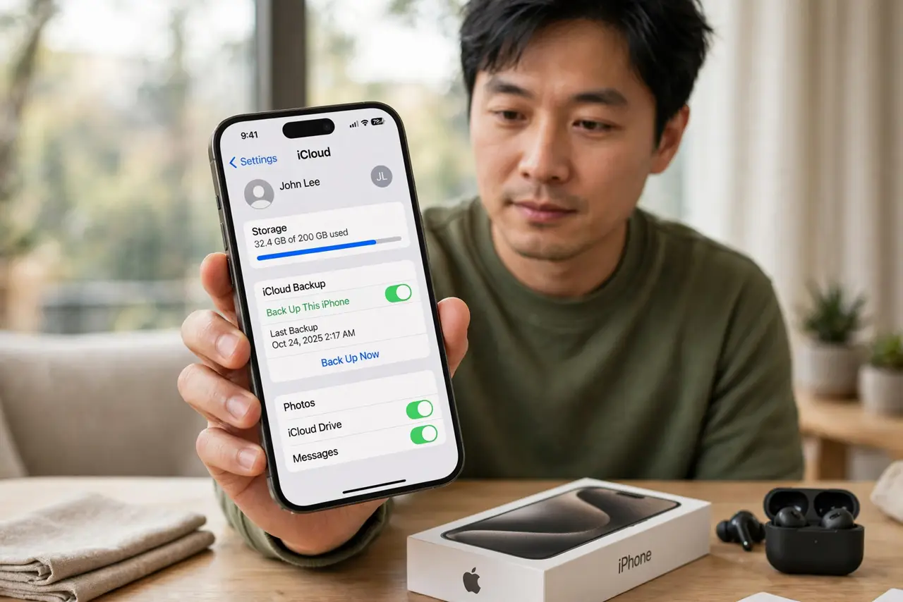 Photoreal photo of a person performing the first step: Check the backup date before you touch anything. On iPhone, go to Settings, tap your name, then iCloud, and look at the last backup date. On Android, ...