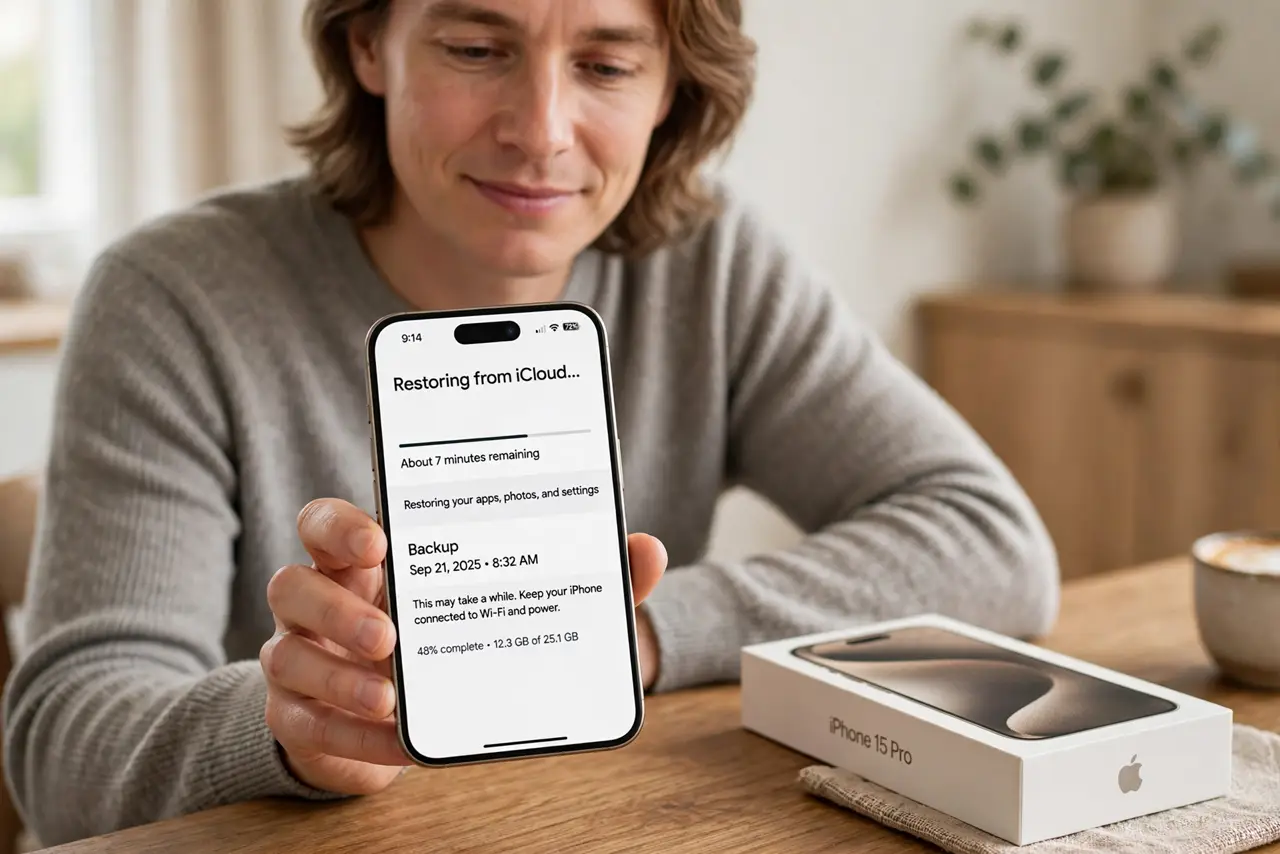 Photoreal photo: a calm person at a wooden table holding a real iPhone showing a legible iCloud restore progress bar and backup date on the screen, an iPhone box beside it, the person's face relaxed and patient. No black
