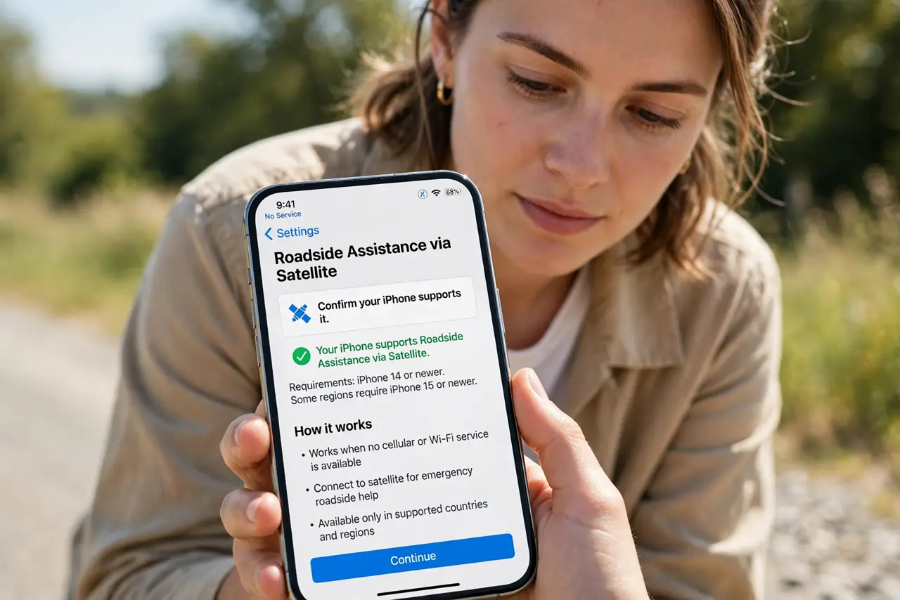 A person performing the guide's first step: Confirm your iPhone supports it. Roadside Assistance via satellite needs an iPhone 14 or newer (some regions add iPhone 15+). The option…