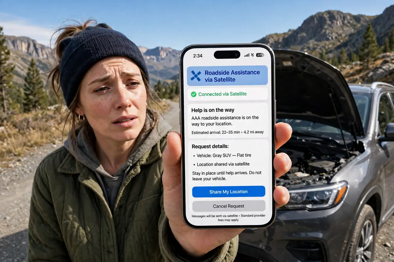 A person standing beside a real car with its hood up on a remote road, holding a real iPhone showing a roadside assistance via satellite screen with legible text, the person's face worried but….