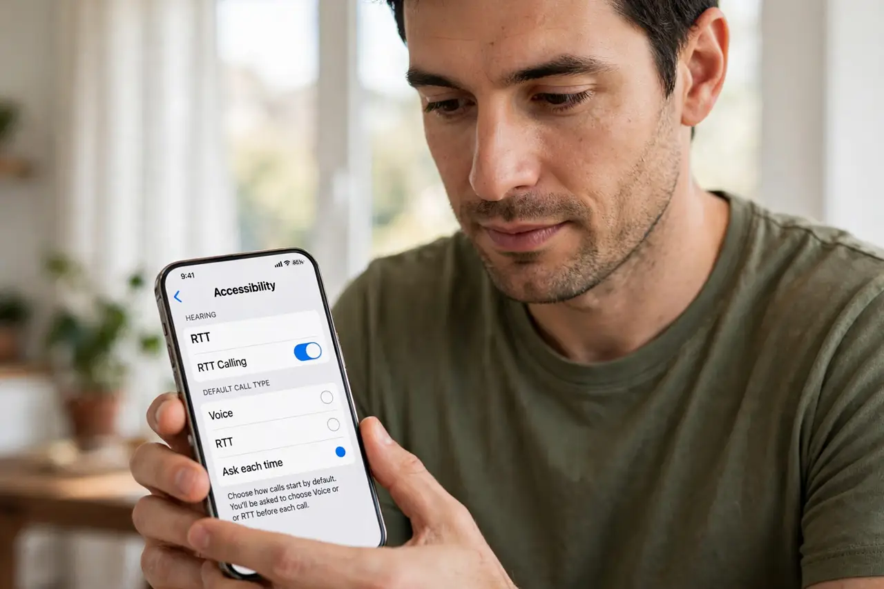 A person performing the first step of the guide: Enable RTT in Settings.