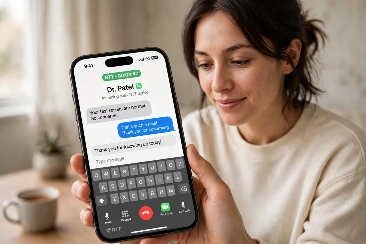 a person typing on a real iPhone during an active call with RTT text visible and legible, the person's face relieved, quiet room.