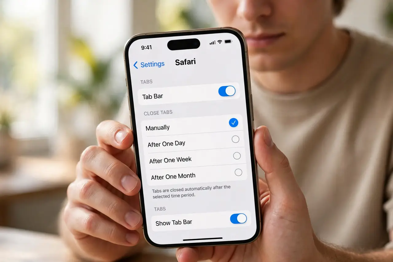 A person performing step 1: Open Safari settings on the iPhone.
