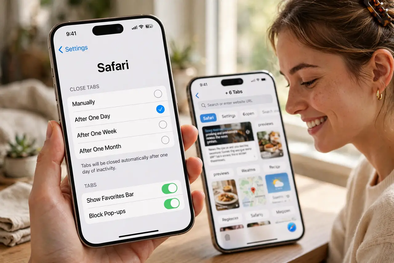 A person enabling auto-close tabs in iPhone Settings on a real iPhone, the Close Tabs options fully legible, a tidy Safari tab overview beside it, the person's face relieved.