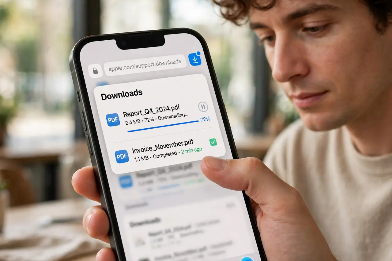 A person performing step 1: Check the download icon in Safari.