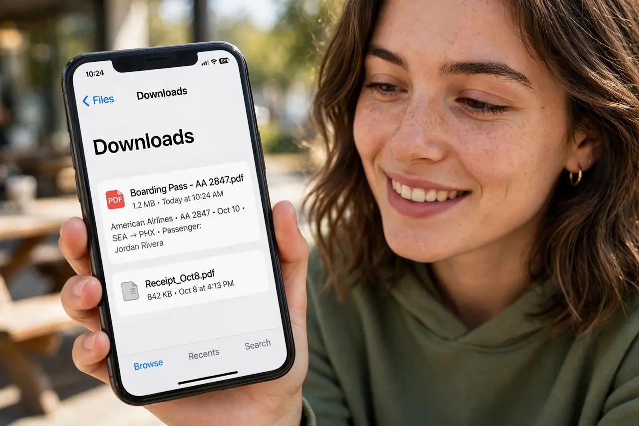A person finding a downloaded boarding pass in the Files app on a real iPhone, the Downloads folder with the file fully legible, the person's face relieved.