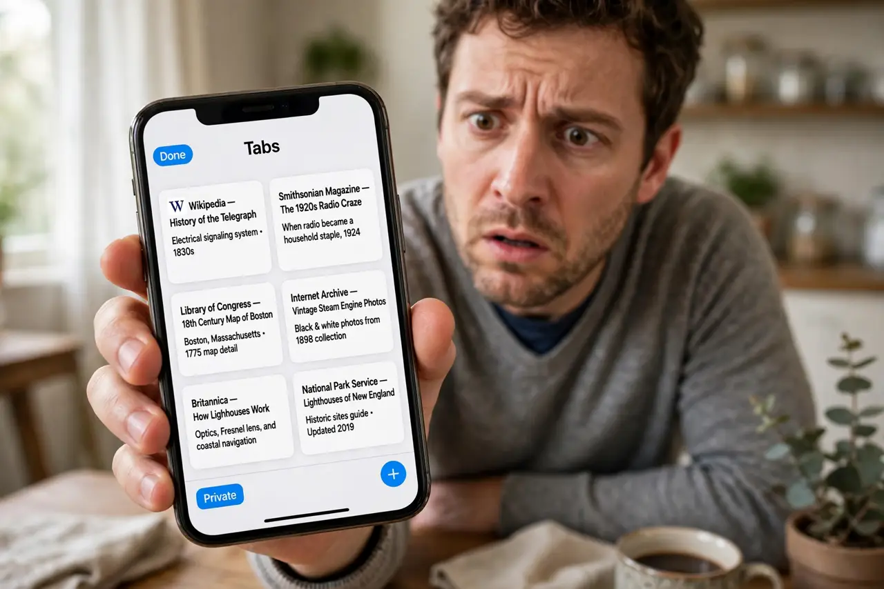 Old Safari Tabs Appear From Another iPhone — a puzzled adult holding a real iPhone showing Safari's tab overview with unfamiliar old tabs in fully legible