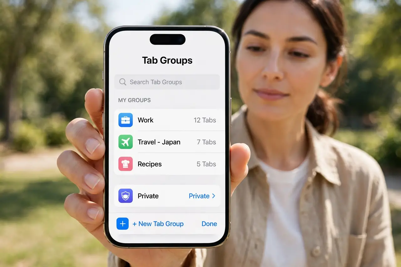 Photorealistic photo: A calm adult holding an iPhone toward the viewer, the real iPhone screen showing Safari with the tab groups list and Private mode option legible.