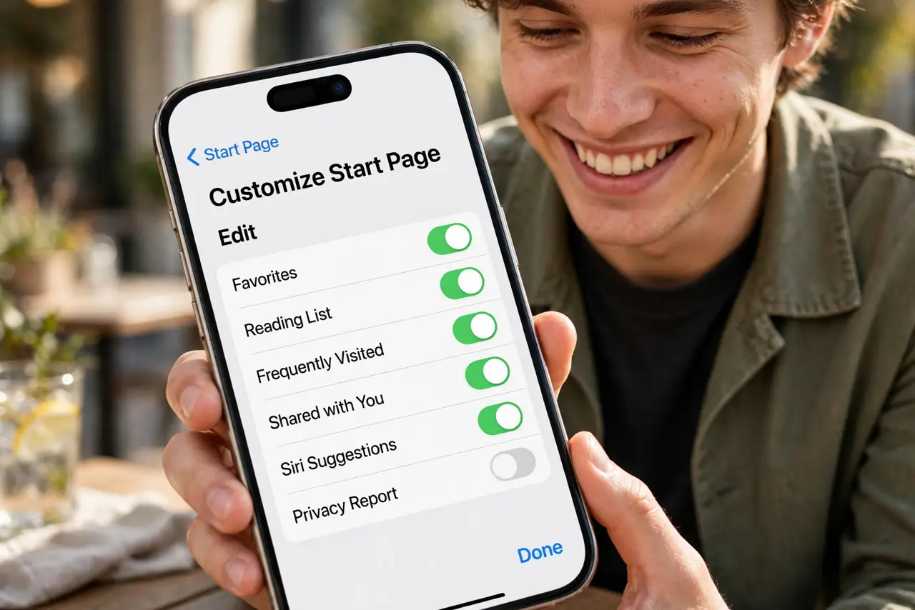 A person customizing the Safari start page on a real iPhone, the Edit menu with toggles for Favorites and Reading List fully legible, the person's face pleased.