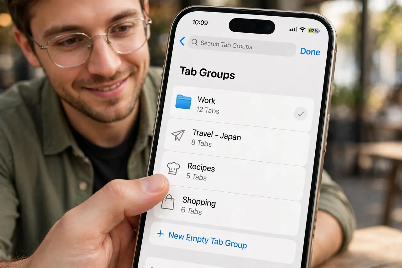 A person organizing Safari tabs into groups on a real iPhone, the Tab Groups menu with named groups fully legible, the person's face organized and pleased.