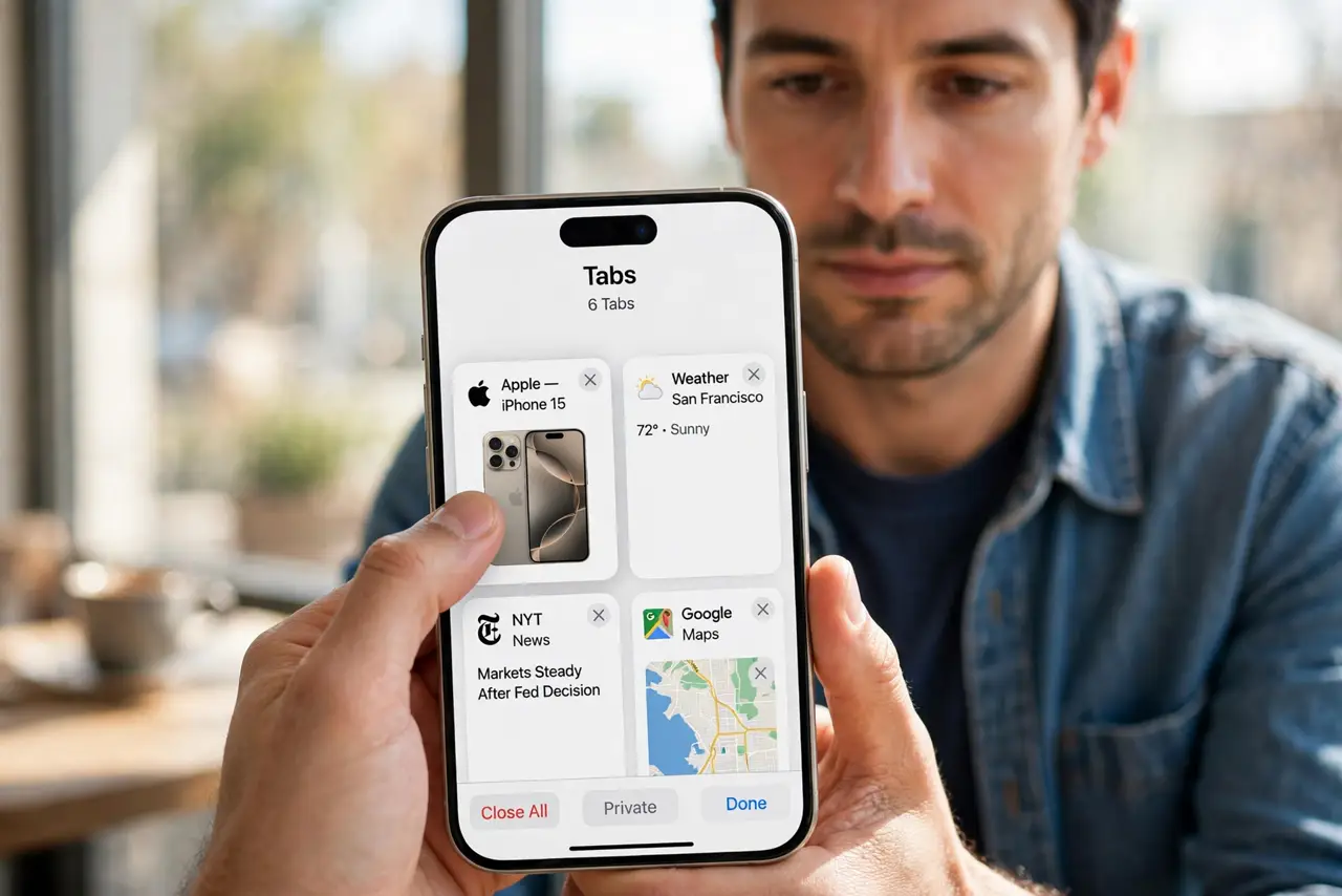 Person performing step 1: Close tabs you do not need. Open the tab overview in Safari and close tabs you are not using. Each open tab uses memory, and too many...