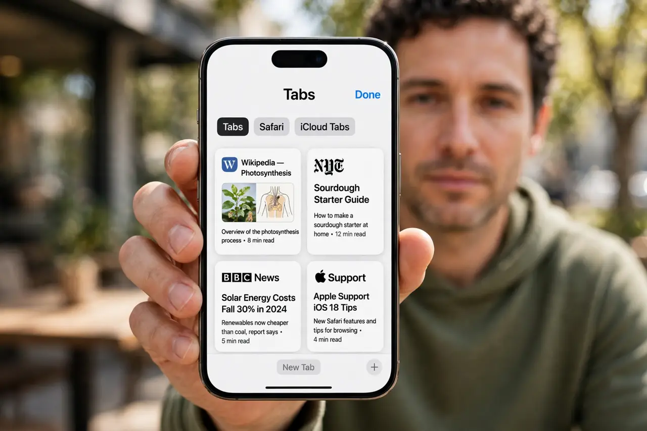 Photorealistic photo: A calm adult holding an iPhone toward the viewer, the real iPhone screen showing Safari with the tab overview and several tabs legible.