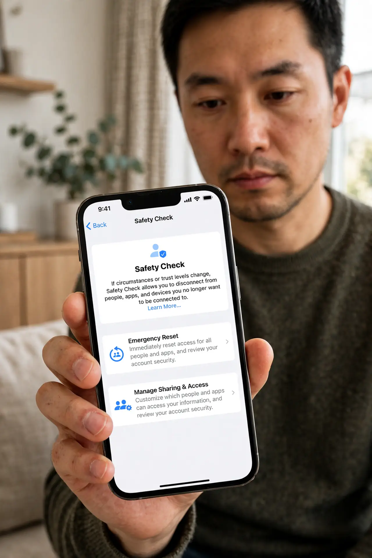a person holding an iPhone showing the Safety Check screen with legible options, in a calm private room, the person's face serious and focused, hand steady.