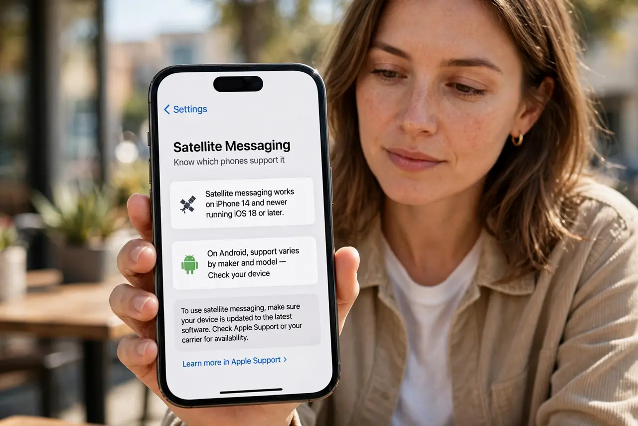 A person performing the guide's first step: Know which phones support it. Satellite messaging works on iPhone 14 and newer running a recent iOS version. On Android, support varies by…