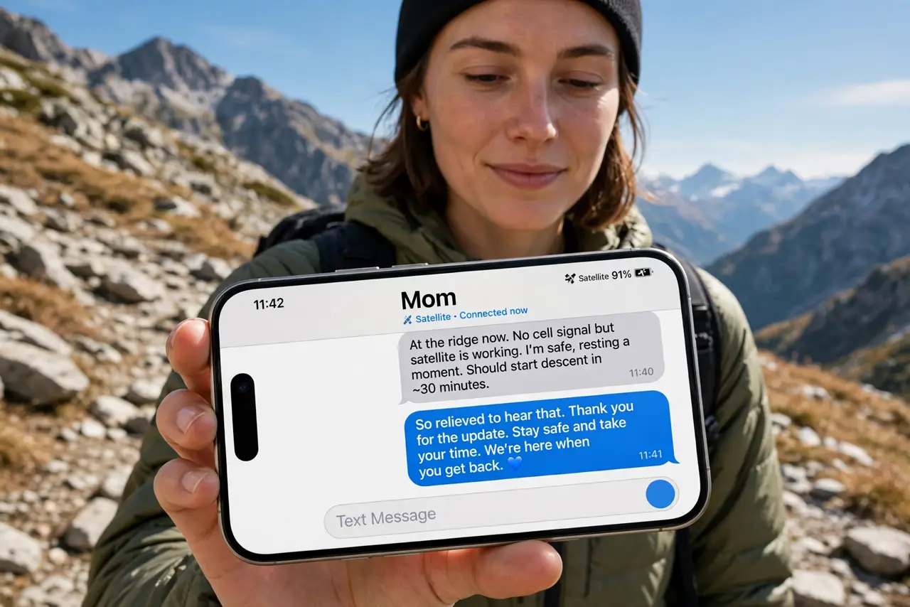 A person hiking on a rocky trail holding a real iPhone showing a messaging screen with legible text and a satellite connection indicator, mountains and clear sky behind, the person's face calm and….