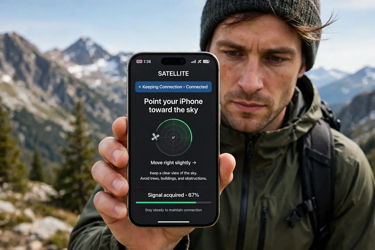 A hiker holding a real iPhone toward the sky following the satellite pointing guide with the on-screen prompts fully legible, mountains behind, the person's face focused.