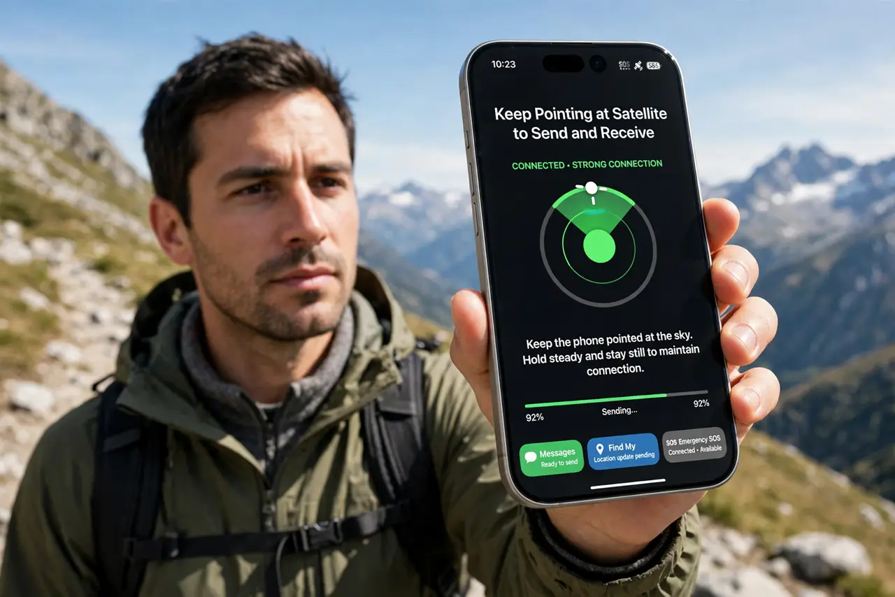 a person hiking on a mountain trail holding a real iPhone pointed at the sky, the screen showing satellite connection instructions with legible text, mountains in the background, the person's face focused.