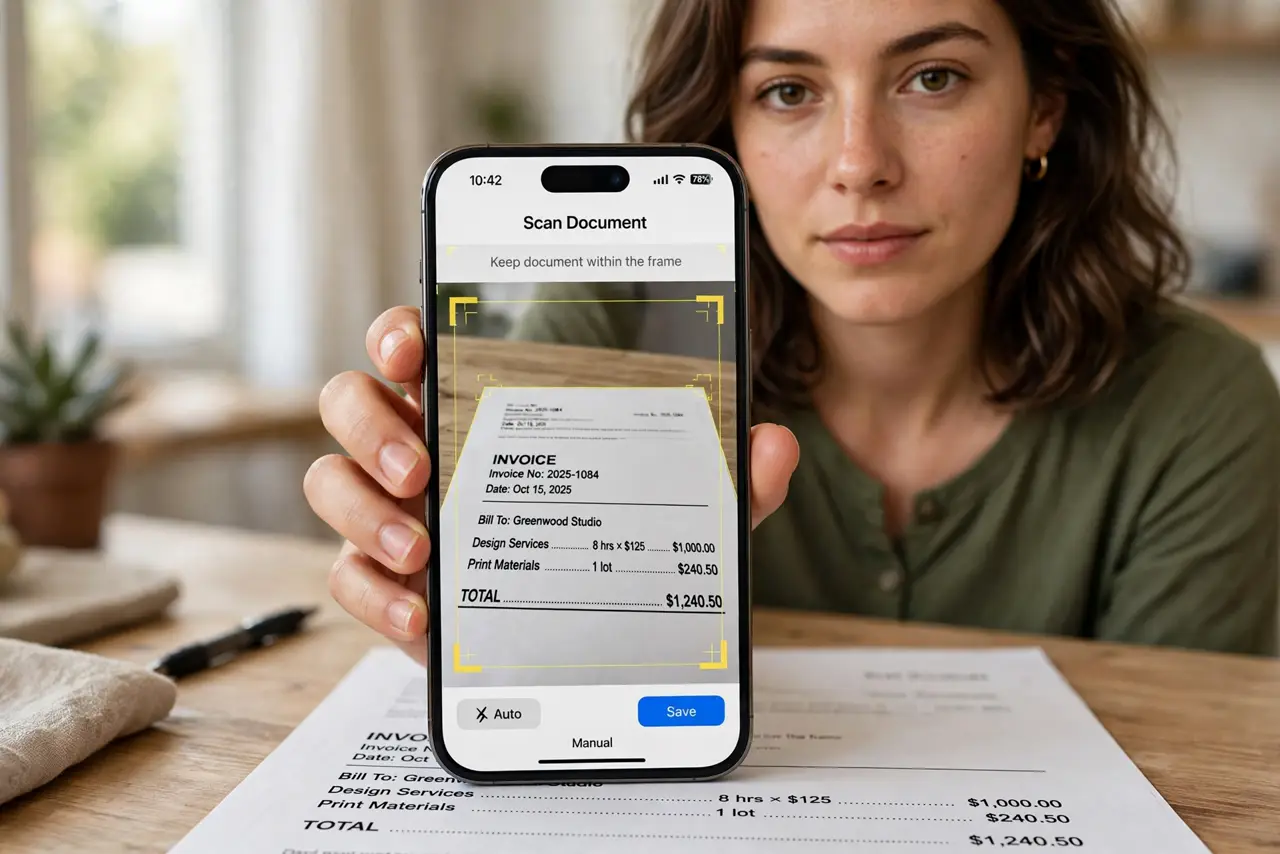 A person holding a real iPhone over a paper document on a table, the scan viewfinder with edge detection visible and legible on screen, the person's face…