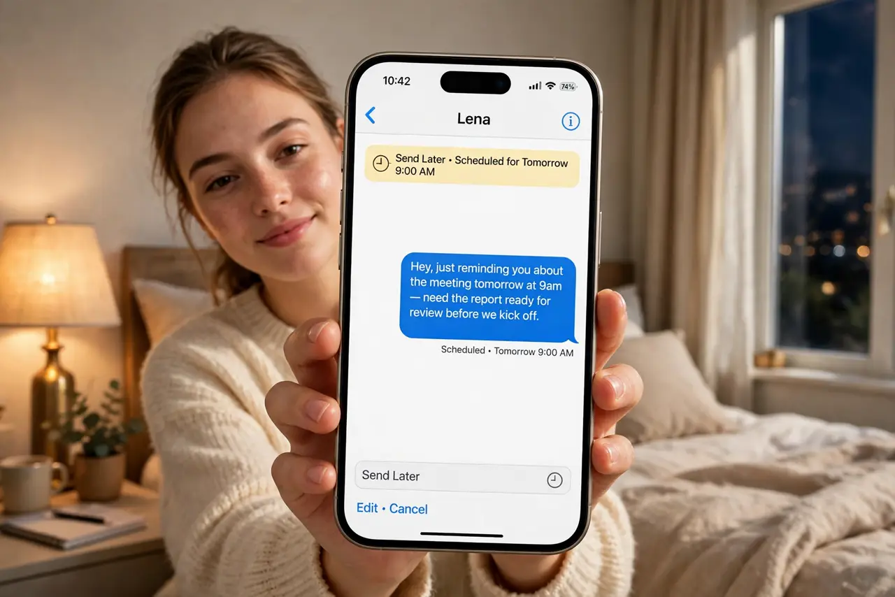 A person holding a real iPhone showing the Messages app with a scheduled message and legible send-later indicator, nighttime bedroom with warm lamp, the…