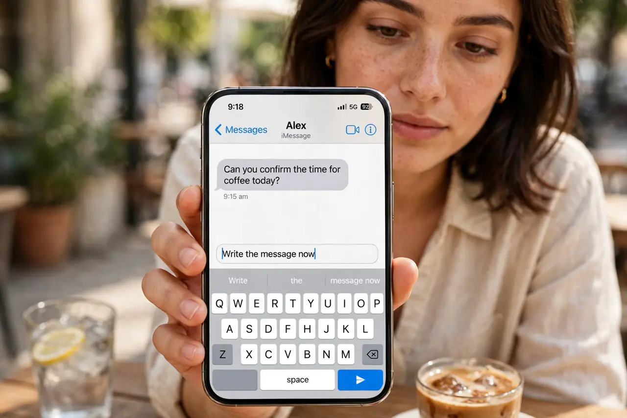 A person calmly performing the guide's first step: Write the message now.