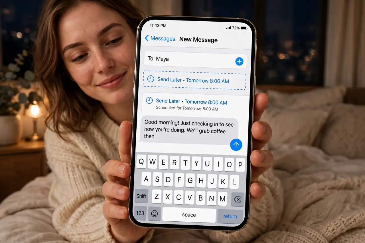 a person holding a real iPhone showing a message compose screen with the Send Later scheduling option set for morning, the person's face relieved, cozy bedroom at night. No black s.