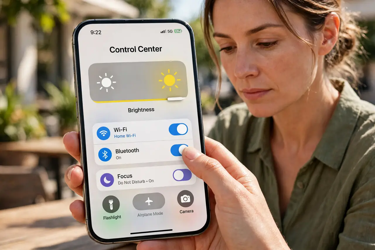 Person performing step 1: Drag brightness to maximum manually. Open Control Center and drag the brightness slider all the way up. Auto-brightness may be holding...