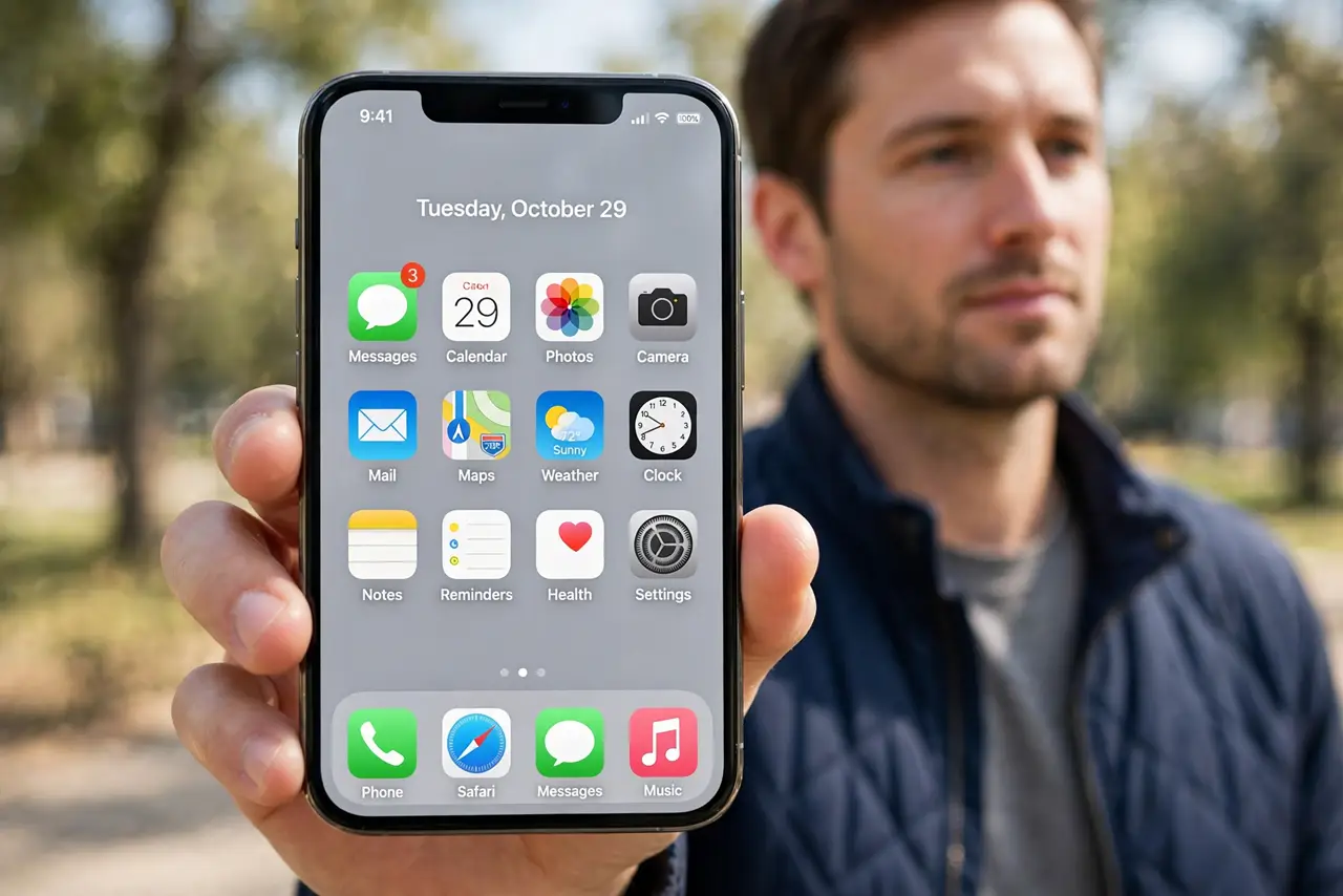 Photorealistic photo: A calm adult outdoors holding an iPhone toward the viewer, the real iPhone screen showing a bright home screen with brightness at maximum and text legible.