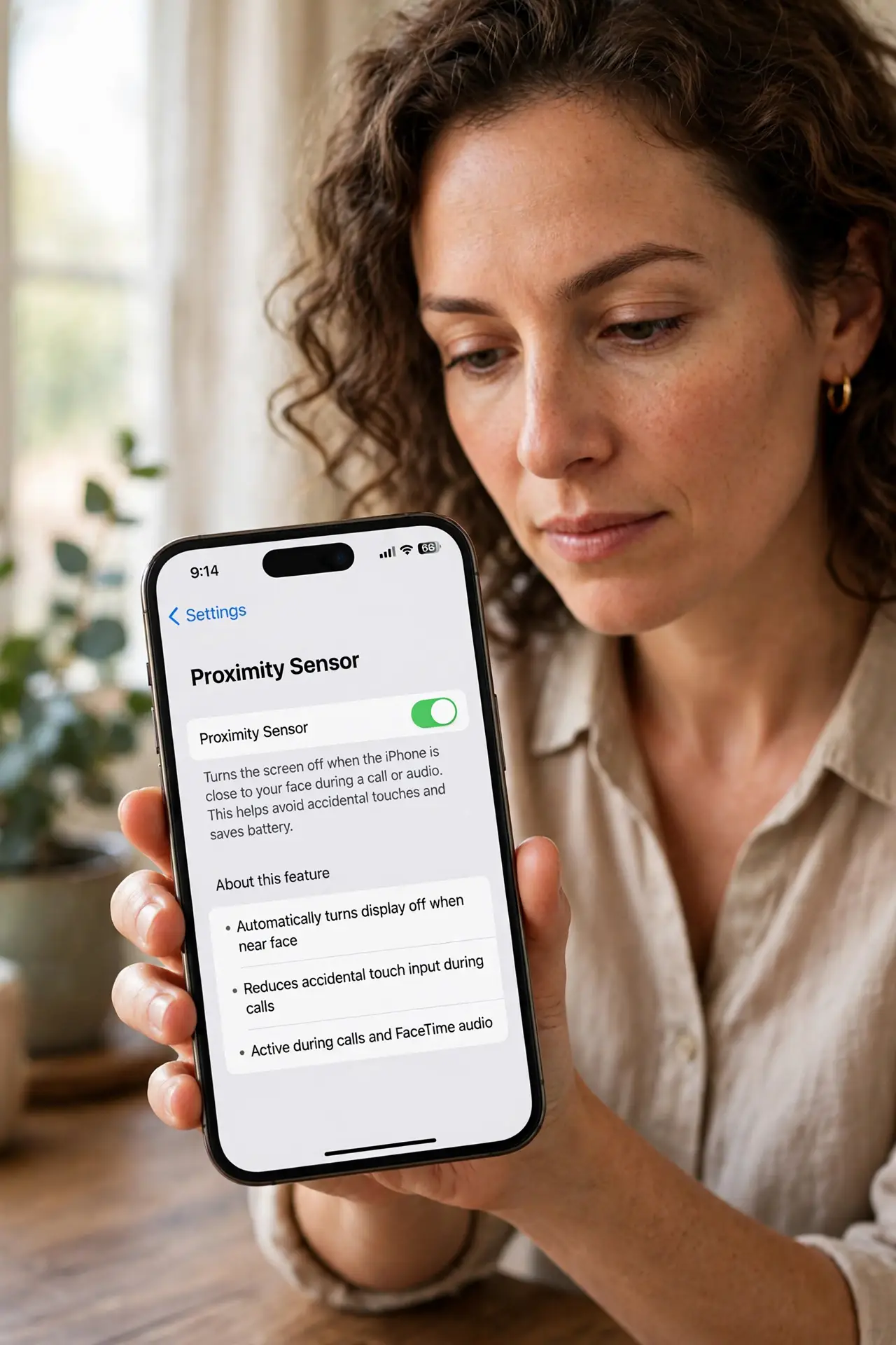 Person performing step 1: Understand the proximity sensor. During a call, the sensor near the top of the phone turns the screen off when it is near your ear. That...