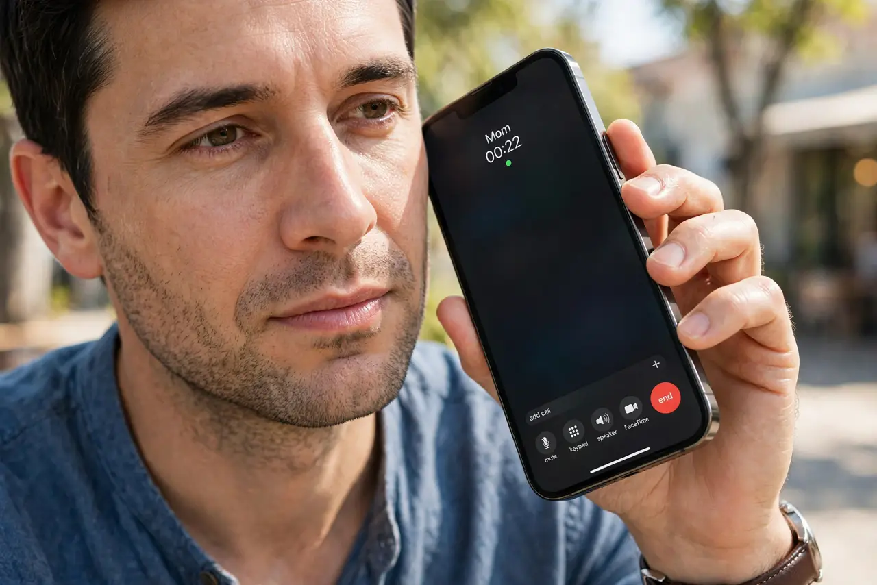 Photorealistic photo: A calm adult holding an iPhone to their ear, the real iPhone screen dark as expected during a call, with the call screen visible when pulled away and legible.