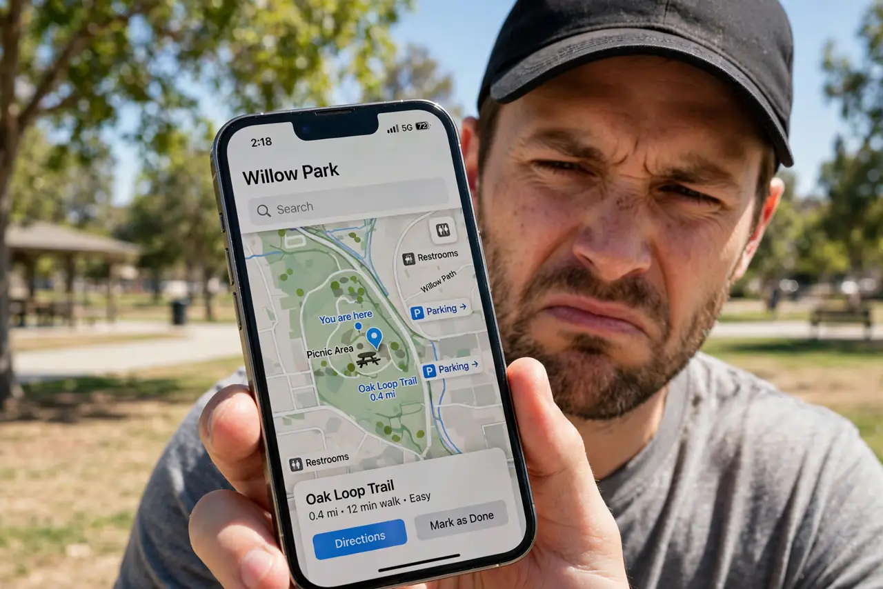 iPhone Screen Dims in Sunlight — a squinting adult outdoors in bright sunlight holding a real iPhone with a dim screen showing a map in fully l