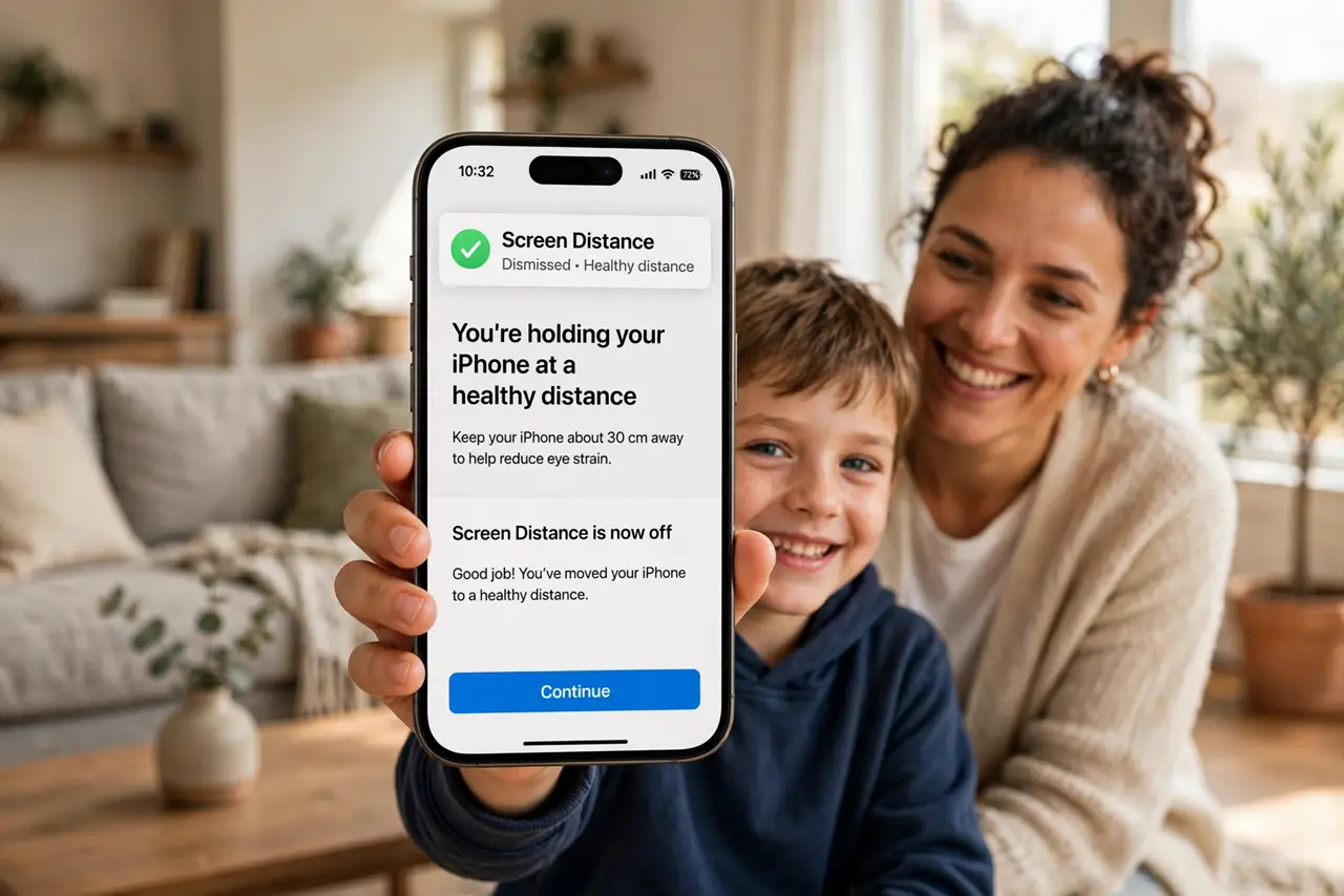 A child holding a real iPhone at a healthy distance with the Screen Distance reminder dismissed and text legible, a parent nearby smiling, living room daylight.