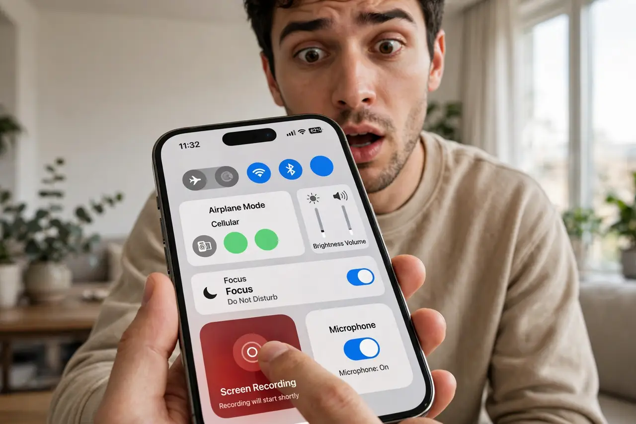 A person long-pressing the screen recording button in Control Center on a real iPhone with the Microphone toggle fully legible, the person's face realizing, indoors.
