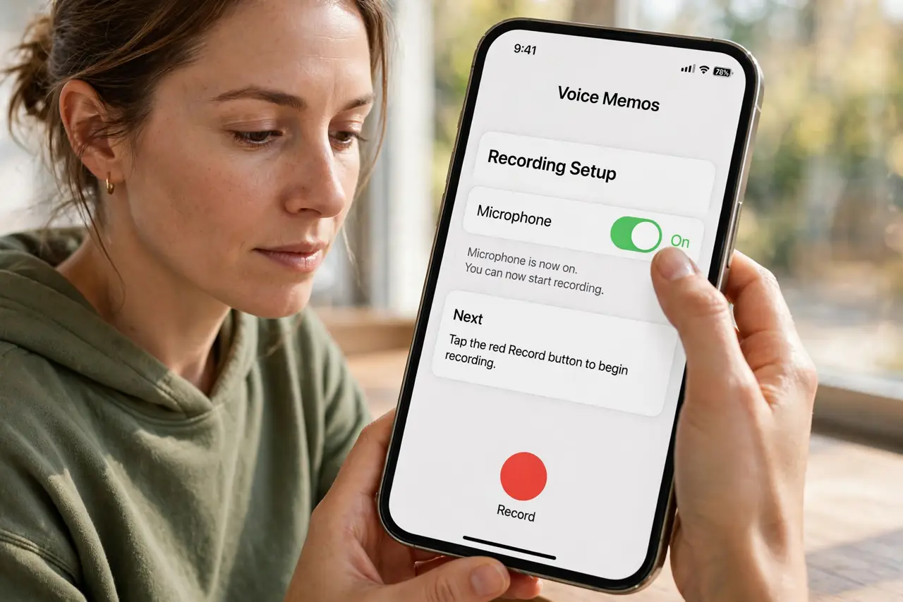 Person performing step 1: Turn the microphone on before recording. Open Control Center, press and hold the Screen Recording button, and turn Microphone on....