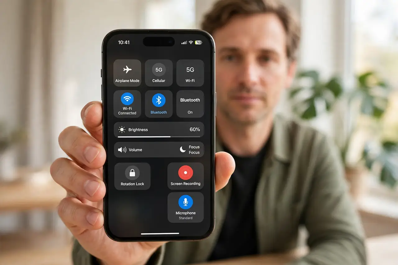 Photorealistic photo: A calm adult holding an iPhone toward the viewer, the real iPhone screen showing Control Center with the Screen Recording button and microphone option legible.